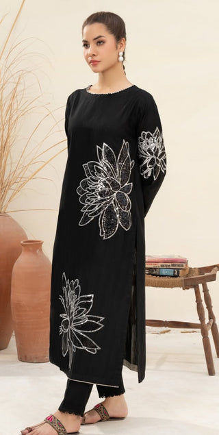 Black 2pc Linen with Sequence Detailing