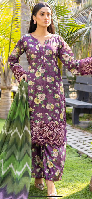 Purple 3pc Jaquard Lawn Suit