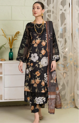 Black 3pc Lawn Suit with Organza Detailing