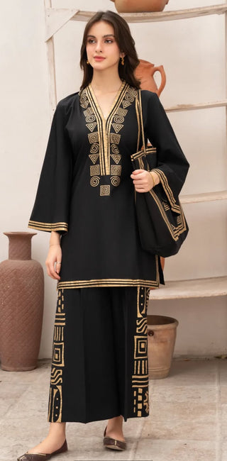 Black & Gold 2pc Readymade Cotton Suit with Bag