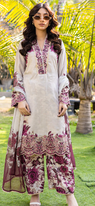 White/Pink 3pc Jaquard Lawn Suit
