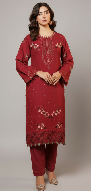 Red Embroided 3pc Linen Suit
