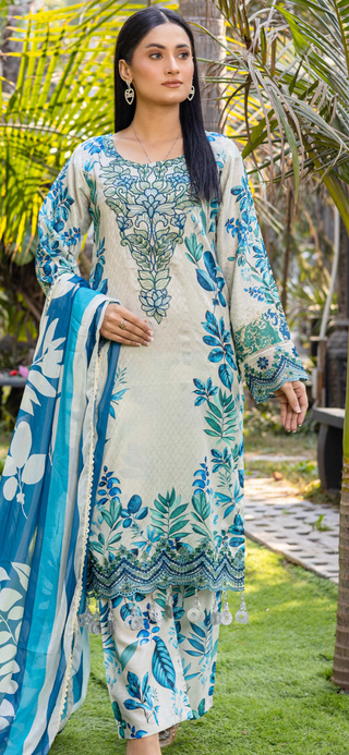 Cream/Blue 3pc Jaquard Lawn Suit
