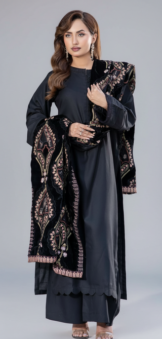 Black Dhanak 3pc Suit with Heavy Cutwork Shawl