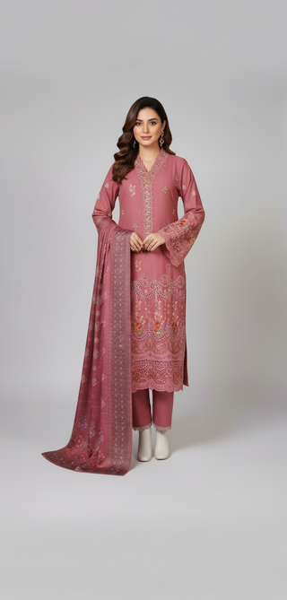 Dusky Pink Embroided 3pc Linen Suit