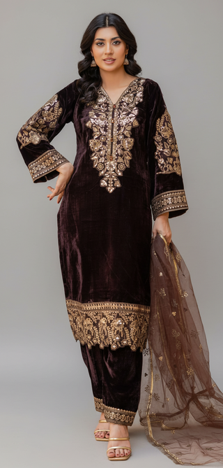 Brown 3pc Velvet Suit with Organza Scarf