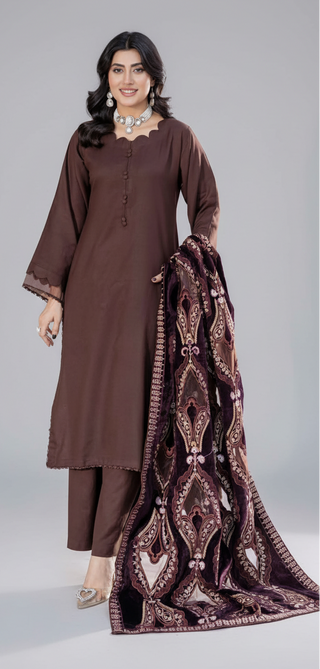 Brown Dhanak 3pc Suit with Heavy Cutwork Shawl