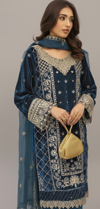 Teal 3pc Velvet Suit with Thread Embroidery