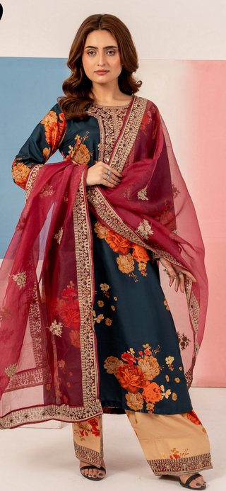 Teal 3pc Cotton Suit with Heavy Embroided Duppata