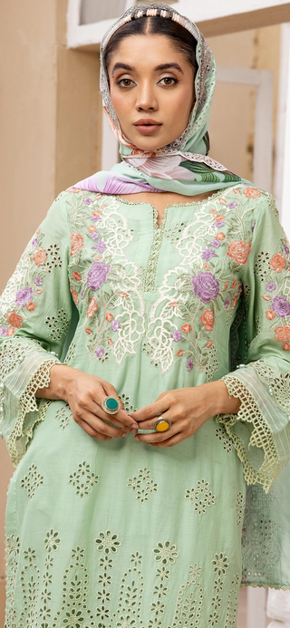 Mint Green Chickenkari Lawn Suit with cutwork