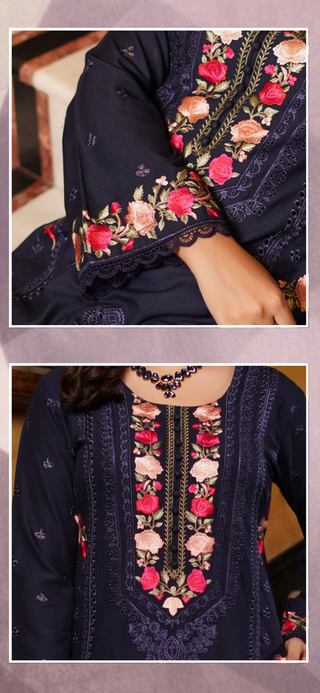 Navy Embroided 3pc Linen Suit