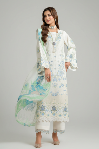 White/Blue 3pc Viscose Suit with Full Embroidery