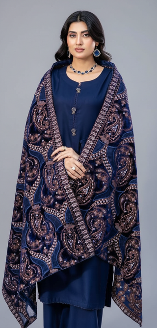 Navy Dhanak 3pc Suit with Heavy Cutwork Shawl