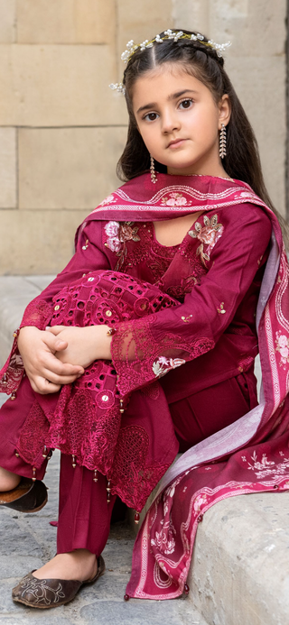 Deap Red 3pc Mother & Daughter Winter Linen Suit