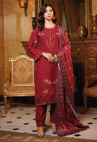 Red Embroided 3pc Linen Suit