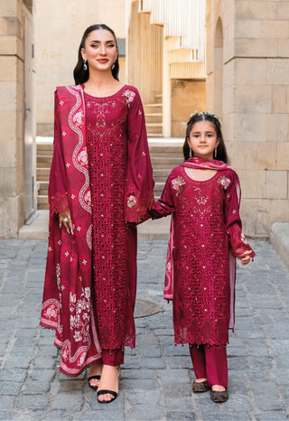Deap Red 3pc Mother & Daughter Winter Linen Suit