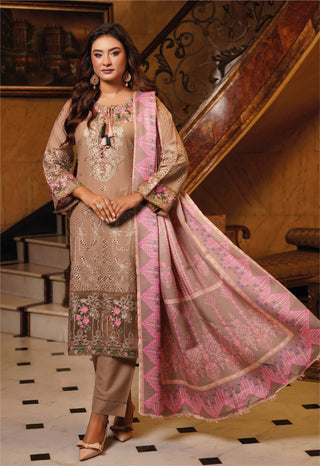 Beige Embroided 3pc Linen Suit