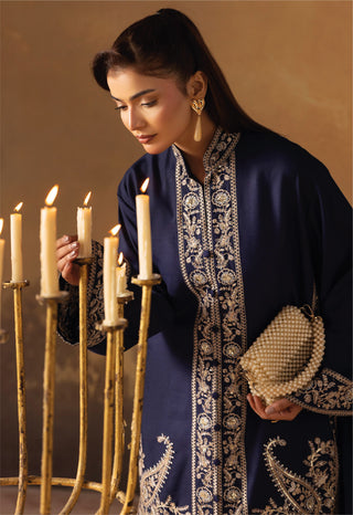 Navy Dhanak Embroided Co-Ord