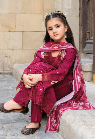 Deap Red 3pc Mother & Daughter Winter Linen Suit