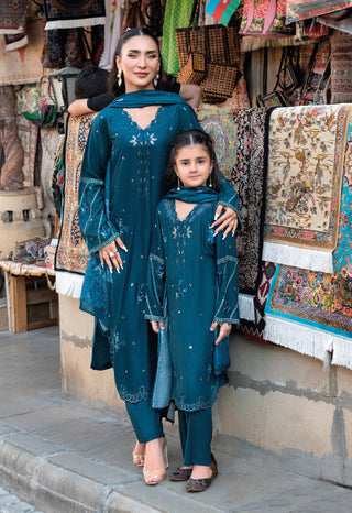 Teal 3pc Mother & Daughter Winter Linen Suit