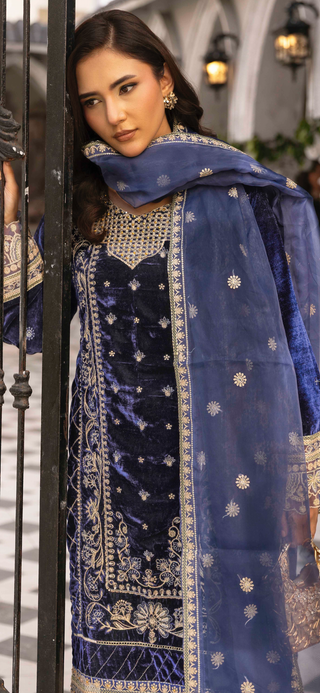 Navy 3pc Velvet Suit with Thread Embroidery
