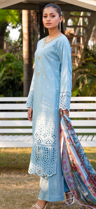 Sky Blue Chickenkari Lawn Suit With Diamonte Neckline