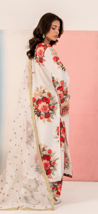White 3pc Cotton Suit with Heavy Embroided Duppata