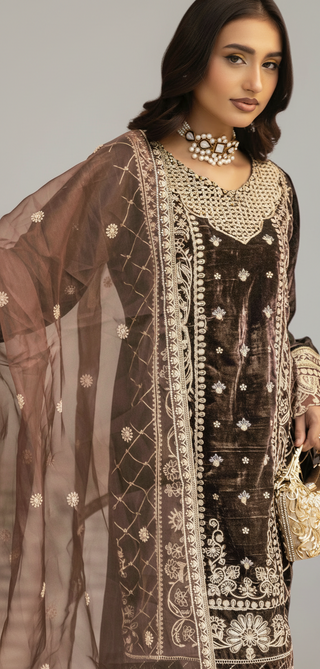 Brown 3pc Velvet Suit with Thread Embroidery