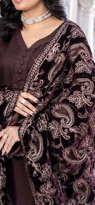 Brown Dhanak 3pc Suit with Heavy Cutwork Shawl