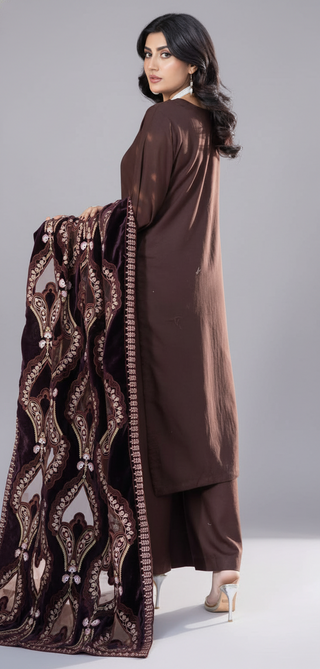 Brown Dhanak 3pc Suit with Heavy Cutwork Shawl