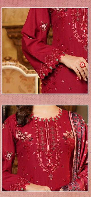 Red Embroided 3pc Linen Suit