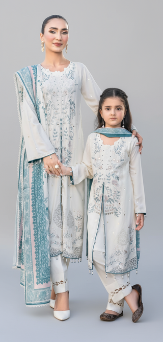 White 3pc Mother & Daughter Winter Linen Suit