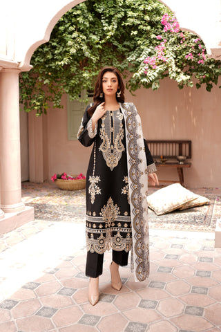Black 3pc Cotton Suit with Printed Dupatta
