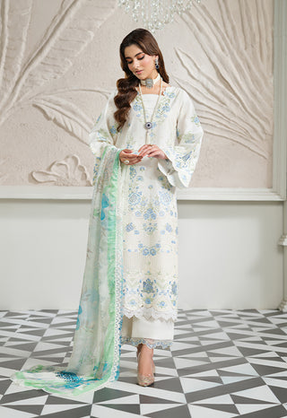White/Blue 3pc Viscose Suit with Full Embroidery