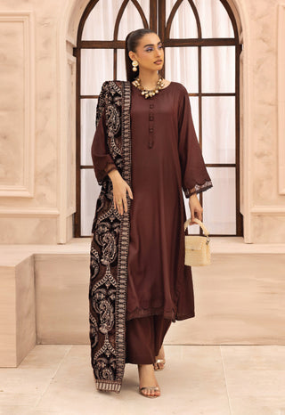 Brown Dhanak 3pc Suit with Heavy Cutwork Shawl