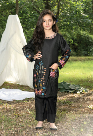 Kids Black Raw Silk Co-Ord