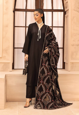Black Dhanak 3pc Suit with Heavy Cutwork Shawl
