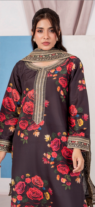 Black 3pc Cotton Suit with Heavy Embroided Duppata