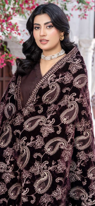 Brown Dhanak 3pc Suit with Heavy Cutwork Shawl