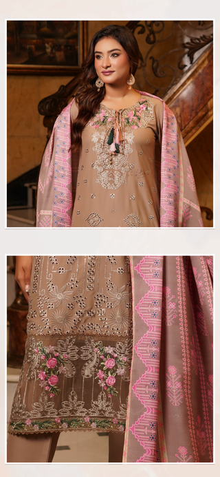 Beige Embroided 3pc Linen Suit