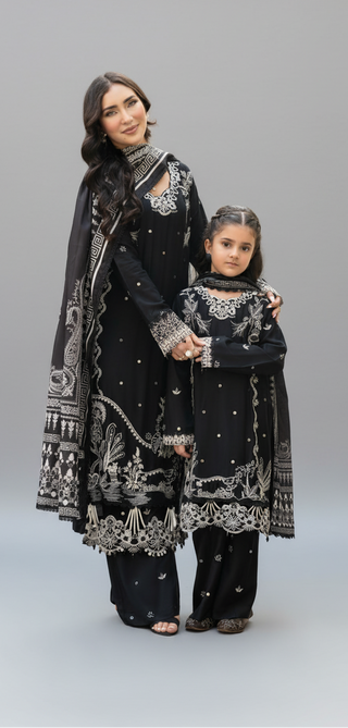 Black 3pc Mother & Daughter Winter Linen Suit
