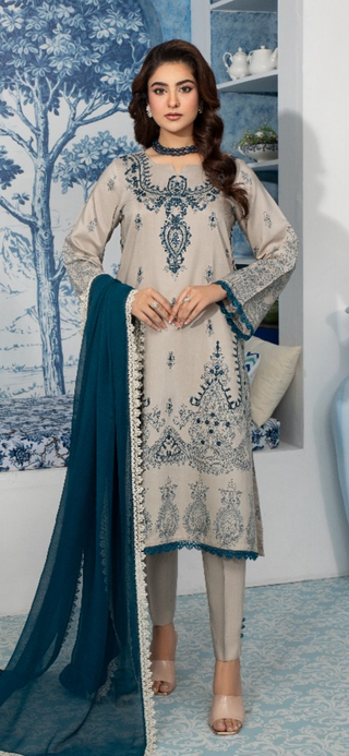 Cream 3pc Readymade Lawn Suit with Contrast Dupatta