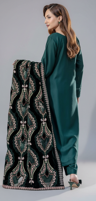 Green Dhanak 3pc Suit with Heavy Cutwork Shawl