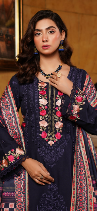 Navy Embroided 3pc Linen Suit