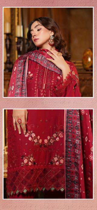 Red Embroided 3pc Linen Suit