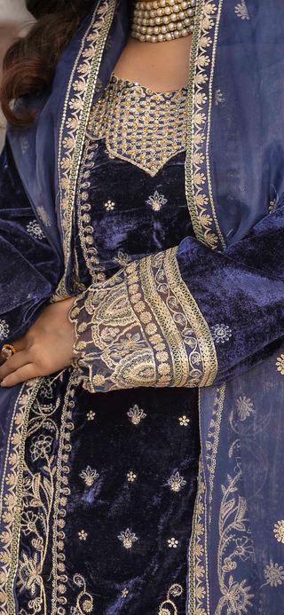 Navy 3pc Velvet Suit with Thread Embroidery