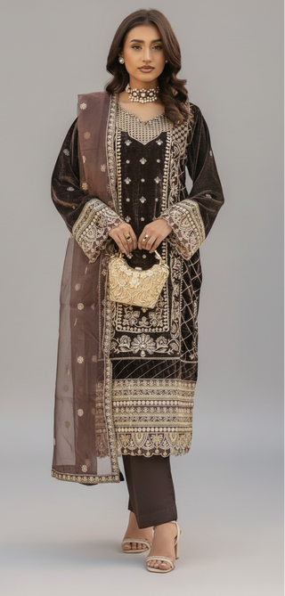 Brown 3pc Velvet Suit with Thread Embroidery