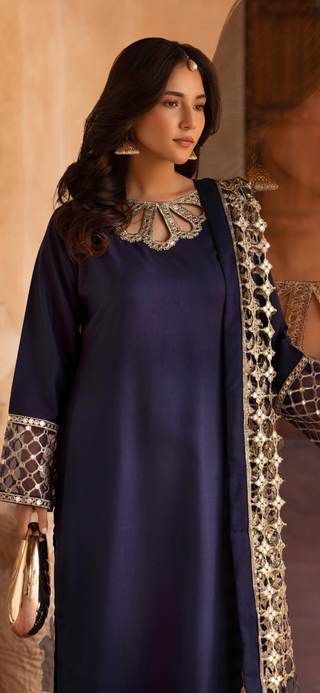 Navy 3pc Suit with Cutwork Neckline & Dupatta