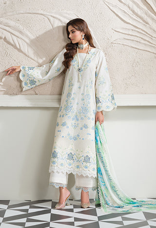 White/Blue 3pc Viscose Suit with Full Embroidery