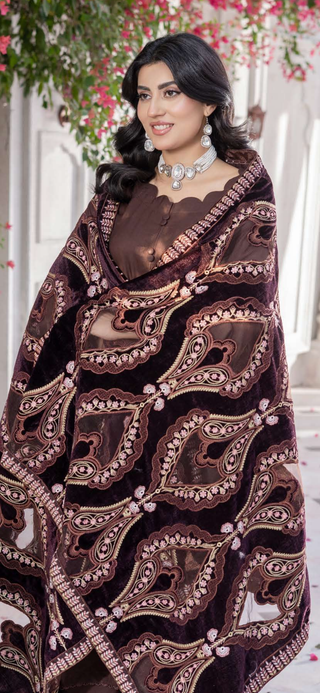 Brown Dhanak 3pc Suit with Heavy Cutwork Shawl